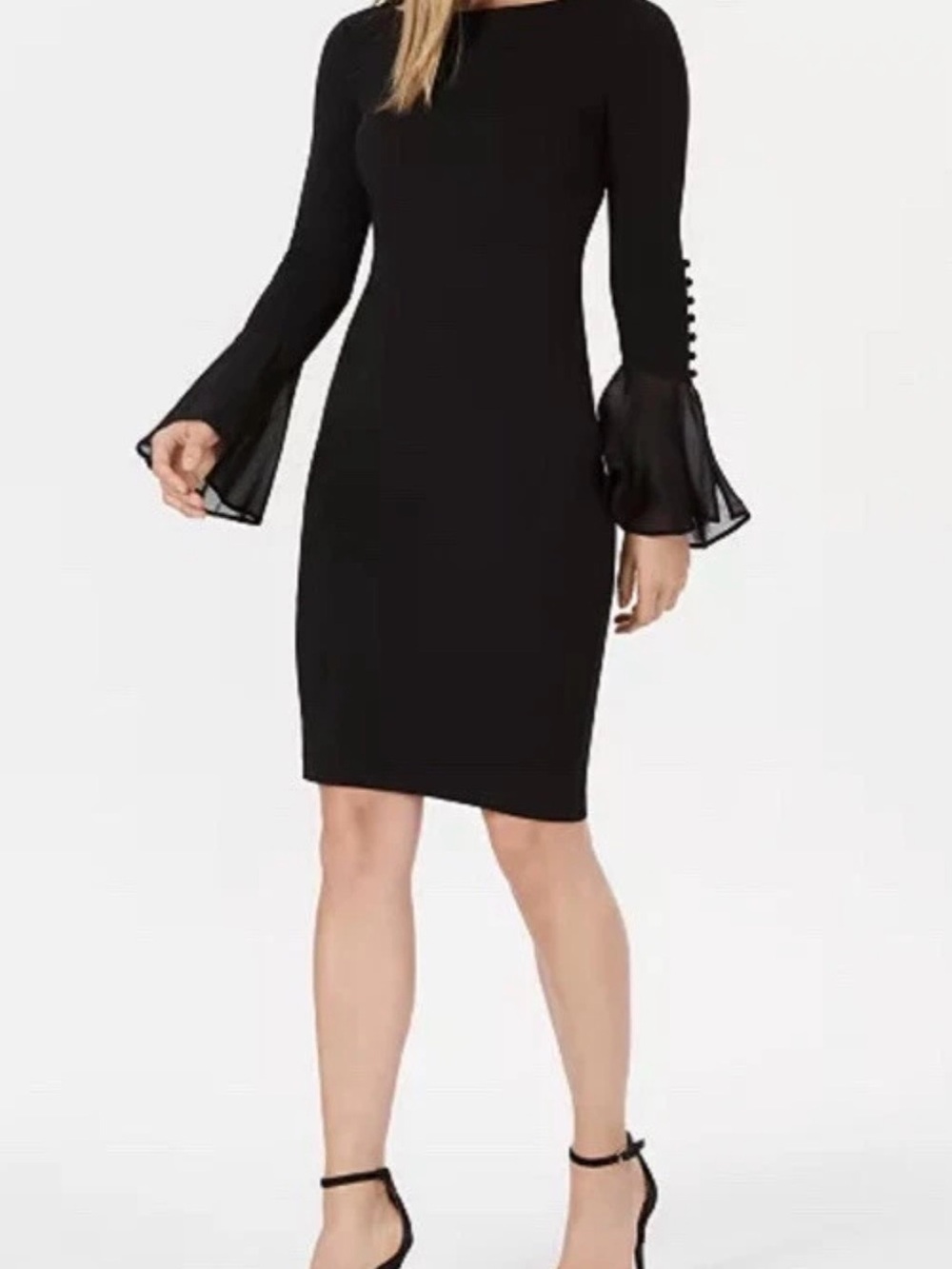 Calvin Klein Black Long-Sleeve Sheath Dress with Chiffon Bell Sleeves
